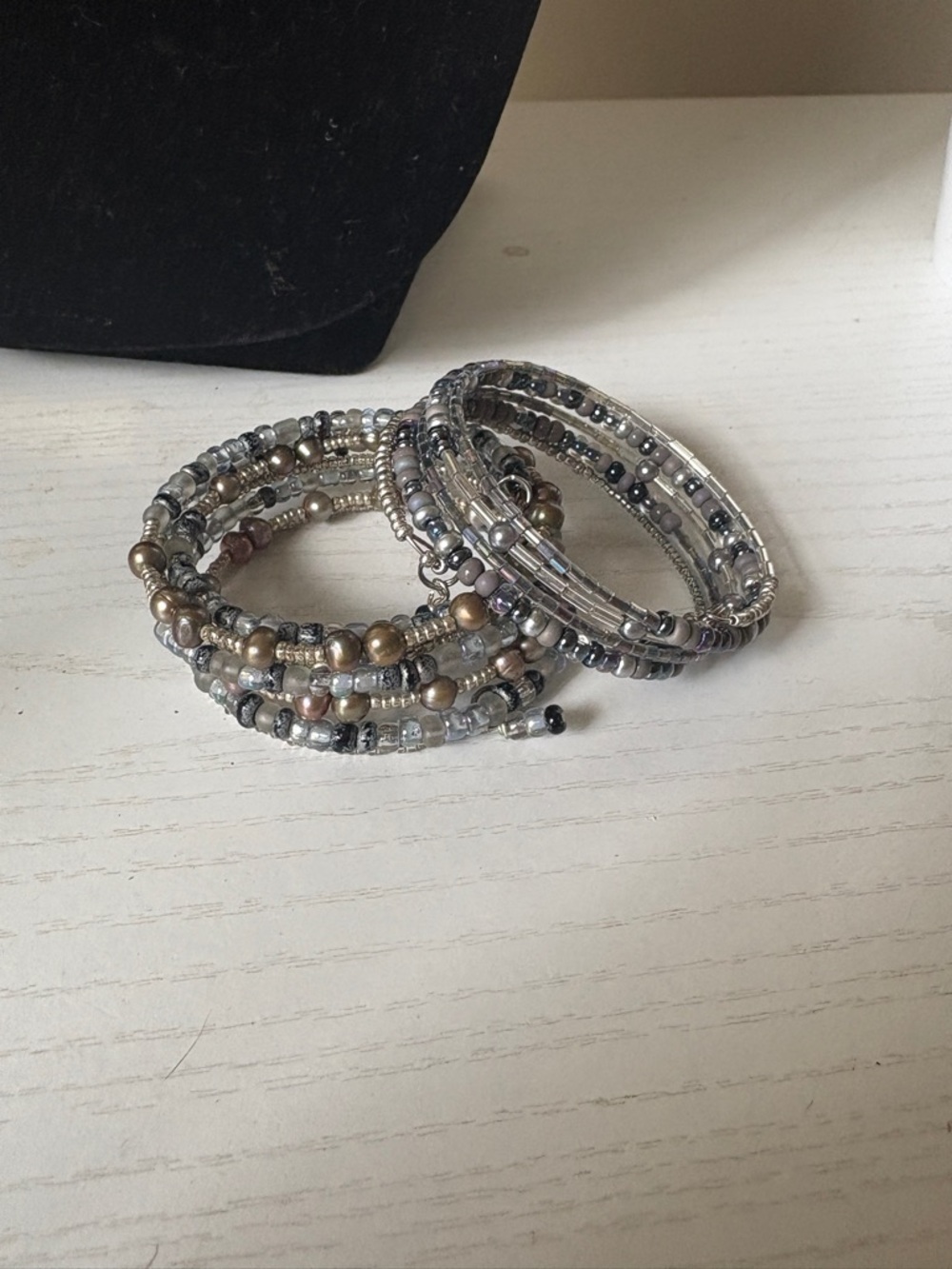 Beaded Wrap Bracelet Set - Silver and Taupe